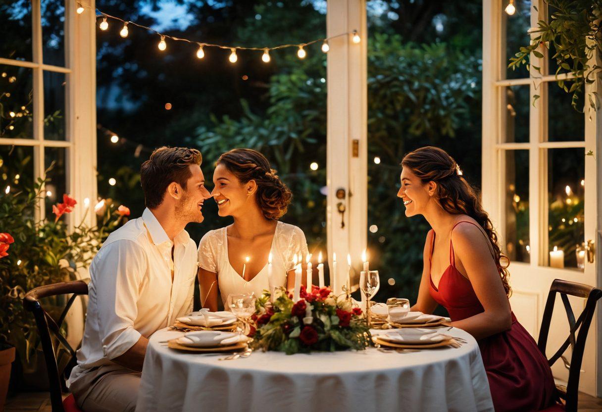 A romantic setting featuring a beautifully lit dinner table adorned with candles and elegant dinnerware, surrounded by lush greenery. In the background, a couple is seen sharing an intimate moment, laughing and looking into each other's eyes. Soft fairy lights twinkle above, creating a warm, enchanting atmosphere. The color palette should include deep reds and soft golds to evoke romance. super-realistic. vibrant colors. soft focus.