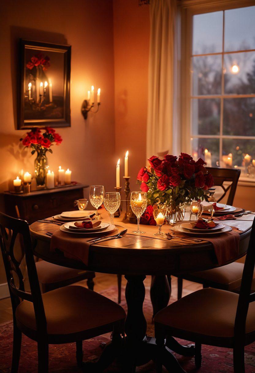A cozy, intimate setting featuring a beautifully set dinner table with soft candlelight, roses, and lingering shadows creating a warm atmosphere. In the background, a silhouette of a couple sharing a romantic embrace, highlighting connection and love. Soft, dreamy visual style with a focus on deep reds and warm golds to evoke passion. super-realistic. vibrant colors. soft lighting.
