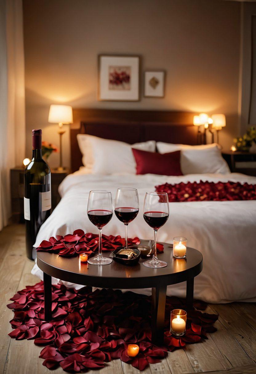 A cozy, softly lit bedroom featuring a beautifully set dinner table with flickering candles, a bottle of red wine, and two elegant wine glasses. In the background, a couple sharing a warm embrace, surrounded by delicate rose petals and soft cushions, evokes a sense of intimacy. The color palette should be warm, with deep reds and soft golds to enhance the romantic atmosphere. super-realistic. warm tones. soft focus.
